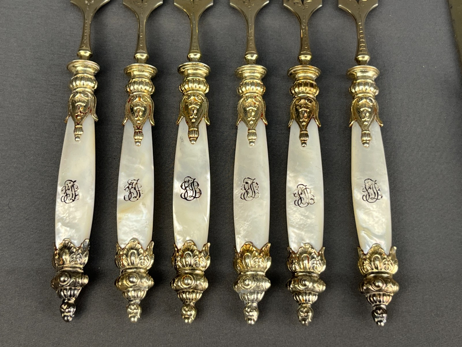 10 Pc Antique German Gilt 800 Silver Fork & Knife Set w/ Mother of Pearl Handle