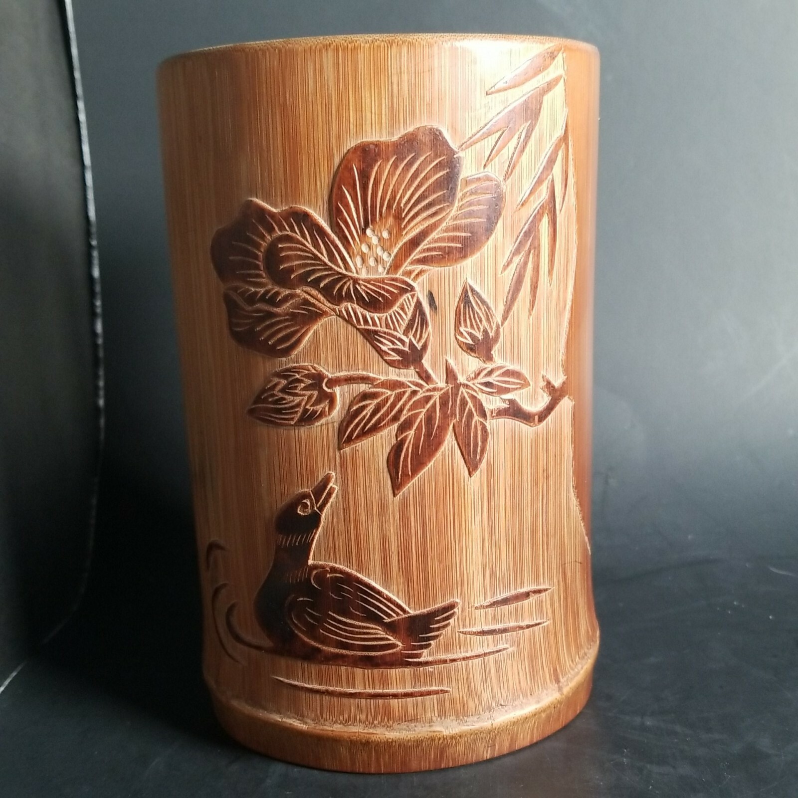 Chinese Natural Bamboo Carved Brush Pot Duck In Water Scene 5.25″ Tall Light Tan