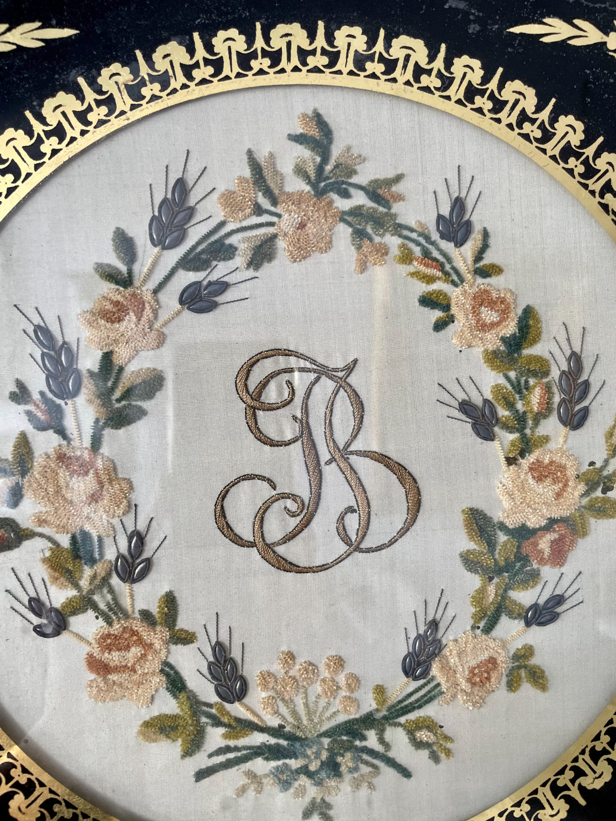 French Antique Silk Embroidered Initials and Floral Wreath in Giltwood Frame