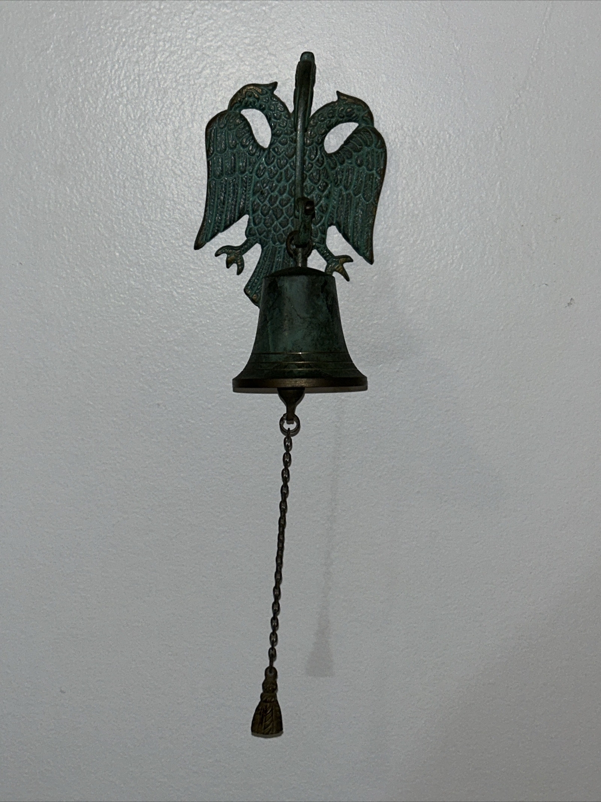 Antique Brass Double Headed Eagle Hanging Door Bell Knocker Chain Primitive