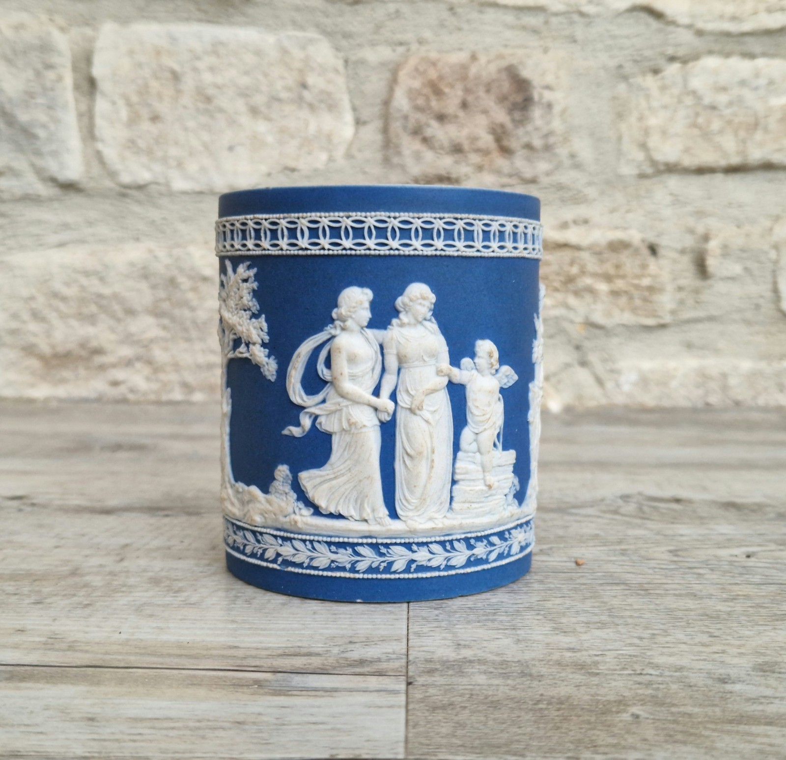 Antique 19th C. William Adams Jasperware Neoclassical Blue Sprigged Drum Base