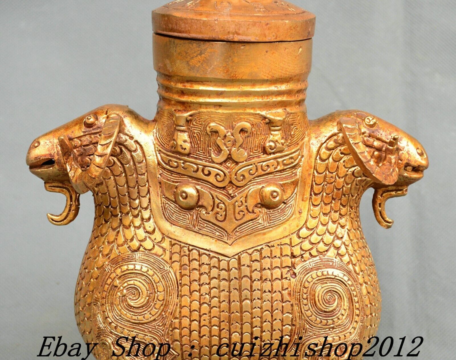 10″ Old Chinese Dynasty Bronze Ware Gold Sheep Goat Beast Head Zun Bottle Vase