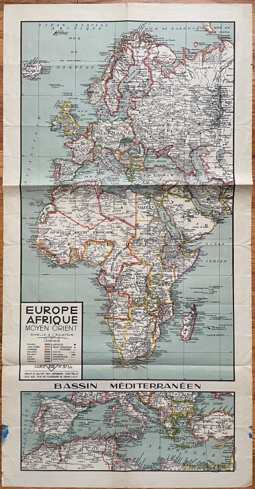 Large Antique French vertical map Europe / Africa / Mediterranean