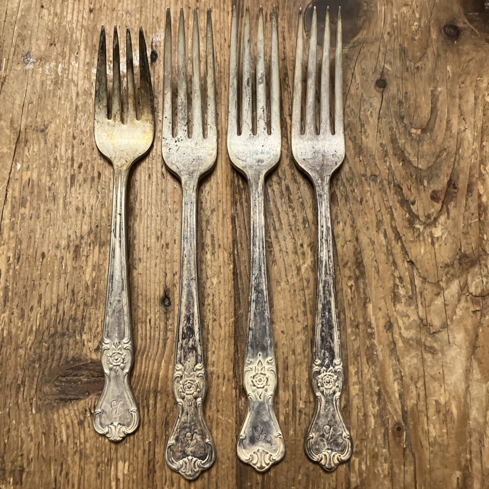 4 Old Company Plate “B” Signature Rose (3) 7.75″ Dinner Forks 4 Prong (1) 6.75”