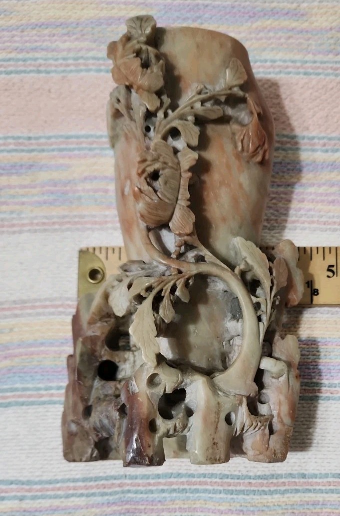 Antique Chinese Carved Soapstone Vase 3D With Flowers Coral Green Beige Decor