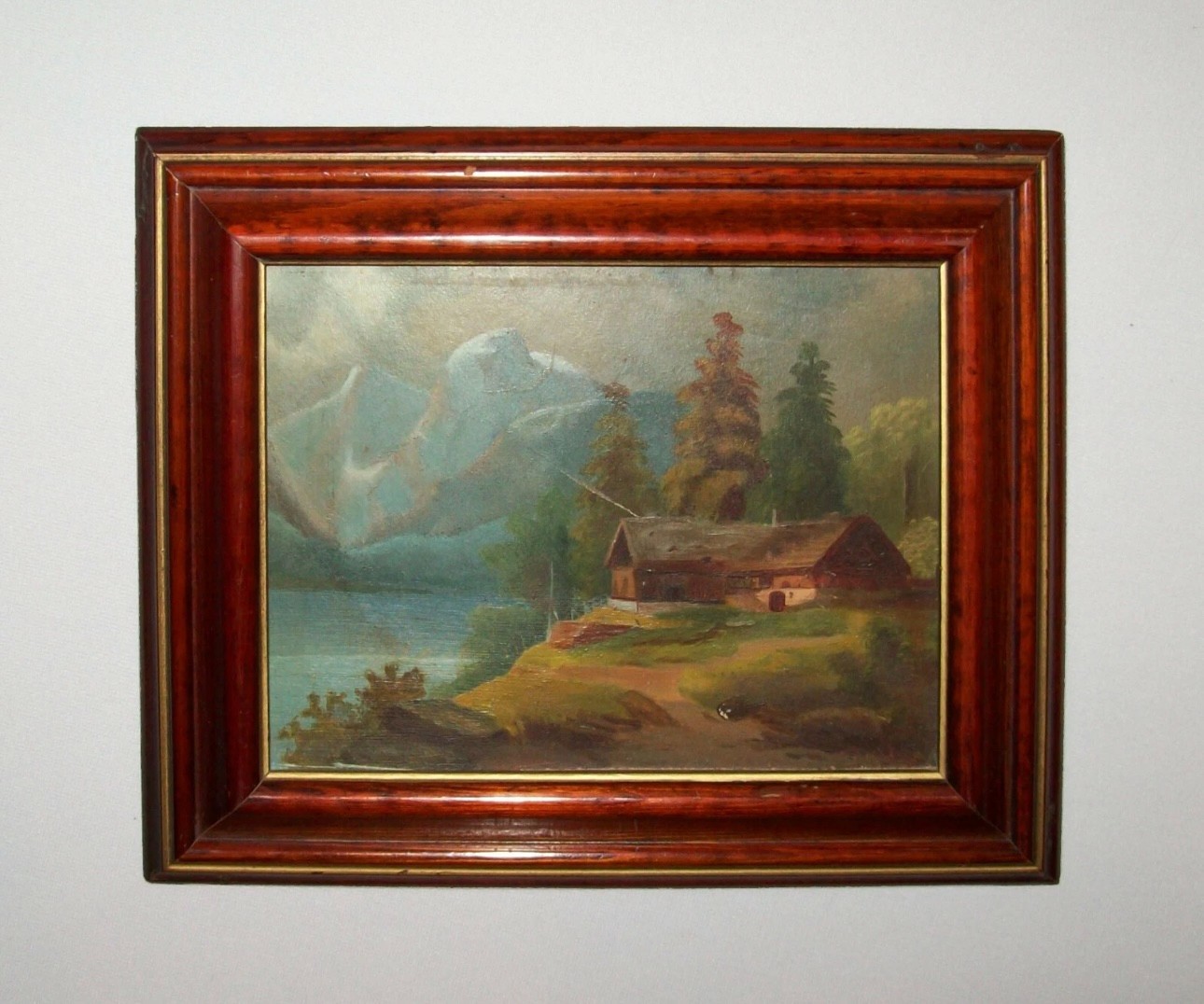 Old Antique Vtg 19th C 1800s Oil Painting Mountain Cabin Oil Board 7.75 X 9.25