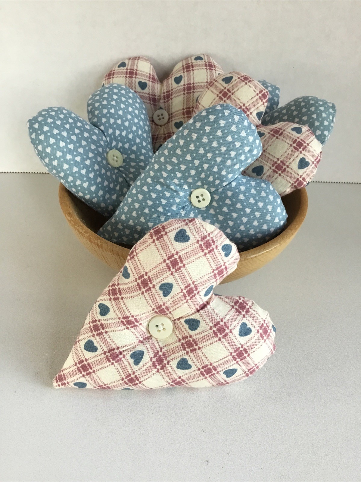 Set of 6 Pink and Blue Heart print fabric Bowl Fillers Hearts Tucks ornies decor