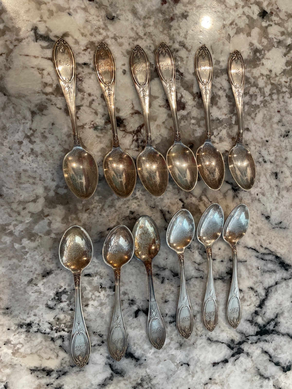 M.W. Galt Bro & Co Set Of 12 Sterling Silver Monogrammed Spoons From 1800s 200g+