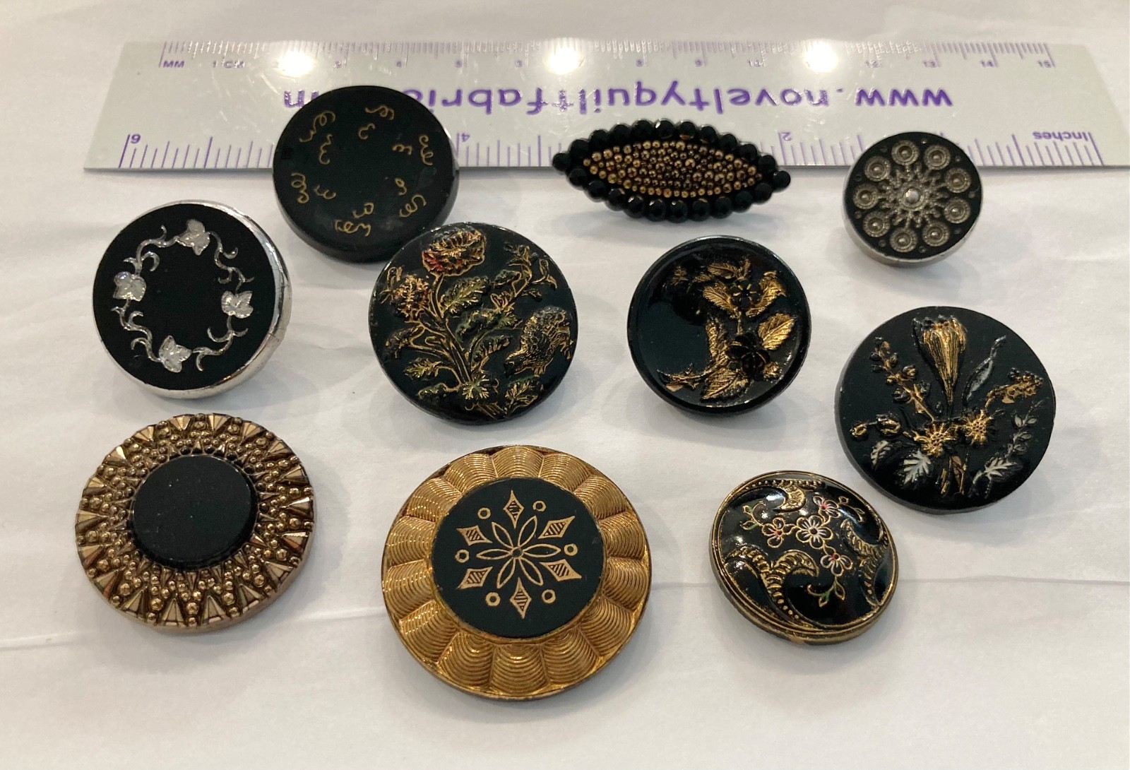 10 Victorian Antique Black Glass 8 with Gold Incising, 2 silver XL Size Nice! 🥰