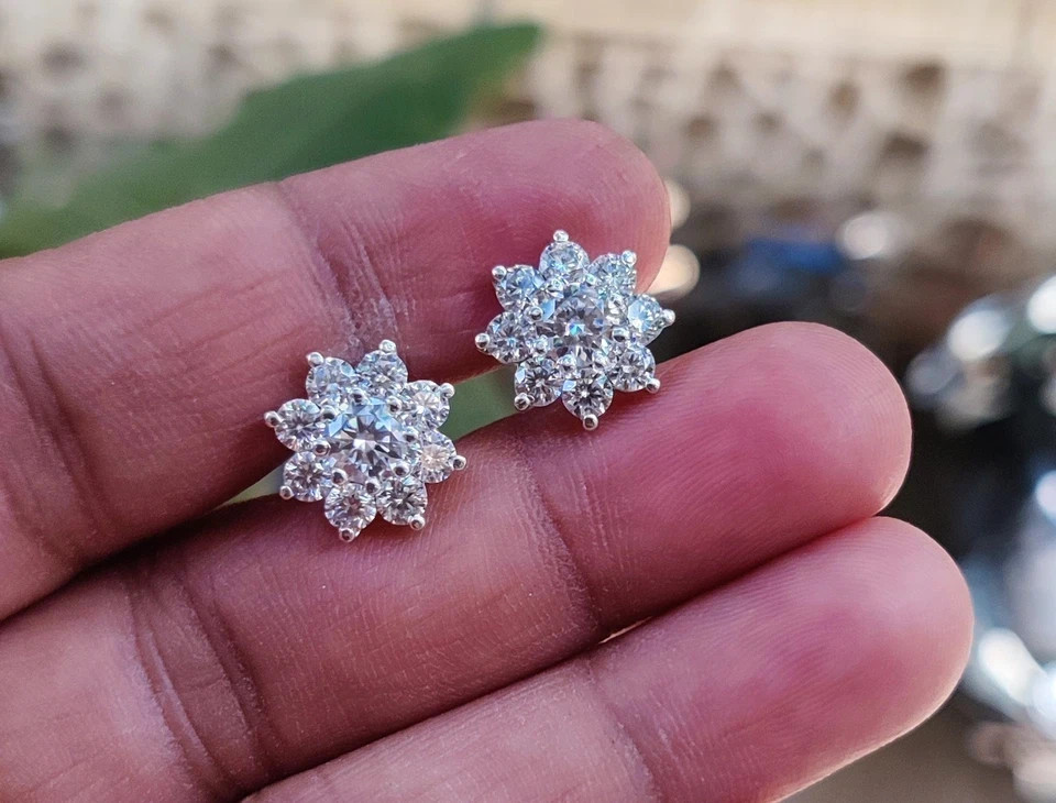 2Ct Round Lab Created Diamond Halo Flower Stud Earrings 14K White Gold Plated