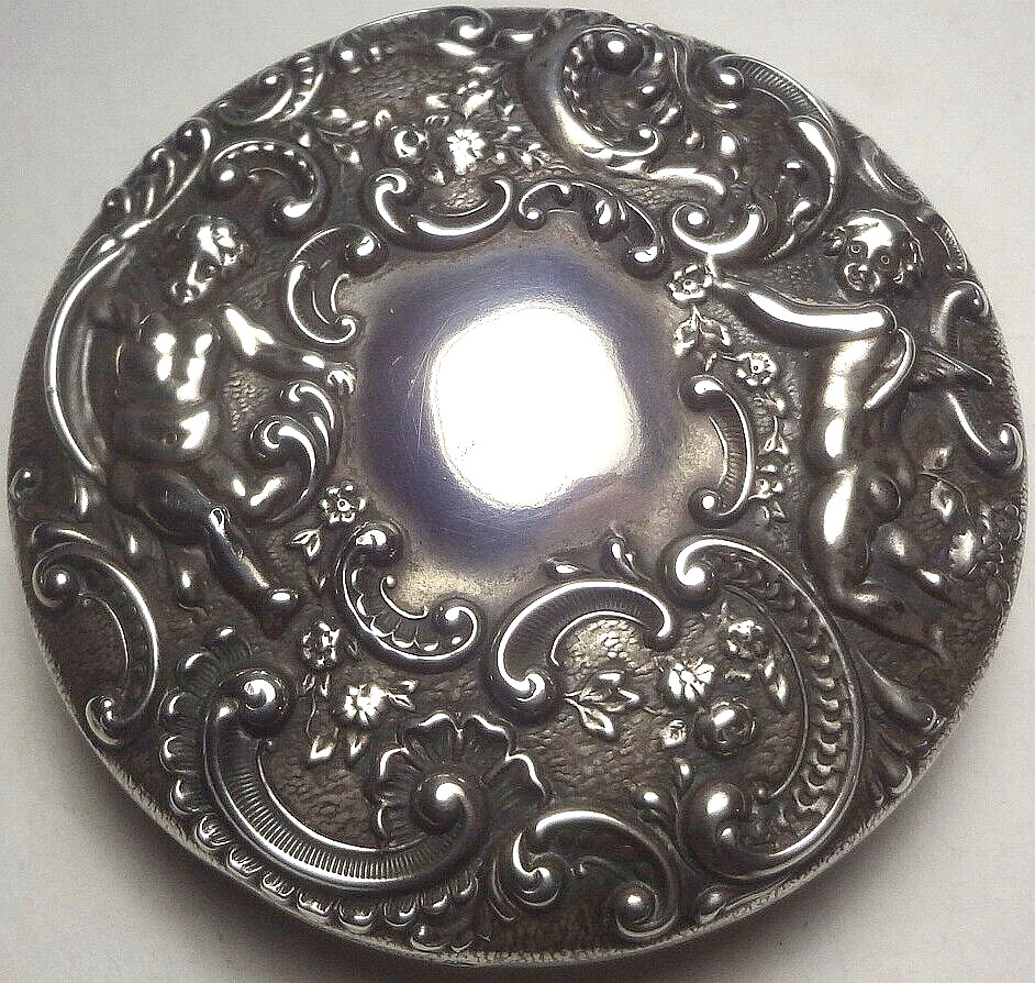 ABP 1879-1905 ANTIQUE Watson STERLING & CUT GLASS medium DRESSER JAR w/ CUPIDS