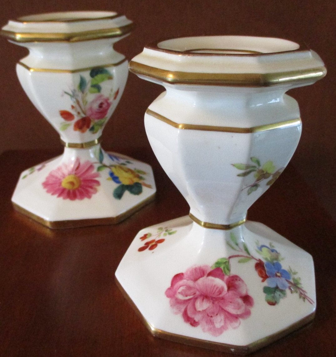RARE MINTON BONE CHINA RYRIE BROS. PAIR OF FLORAL CANDLESTICKS ENGLAND