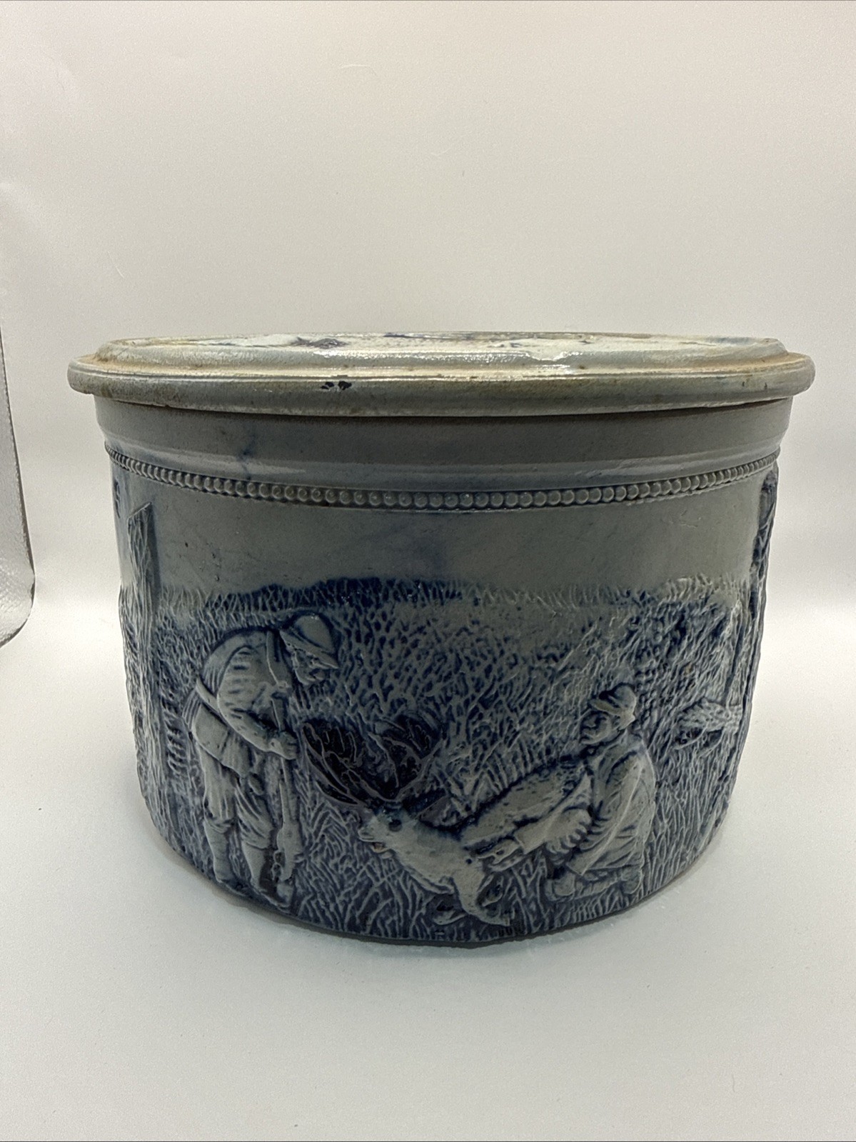 Whites Pottery of Utica, NY Stoneware #3 Butter Crock, Stag Hunt Pattern #11804