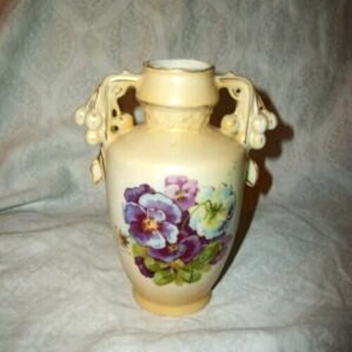 AUSTRIA Amphora ART NOUVEAU Majolica VASE Porcelain HP PANSIES Cherries Handles