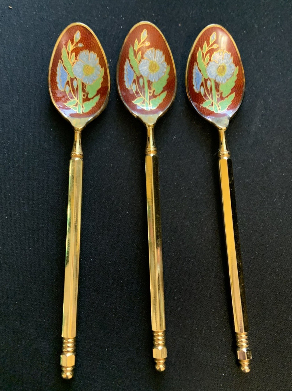 Vintage 5″ Gold Plated Floral Souvenir Spoon with Red Enamel LOT of 3