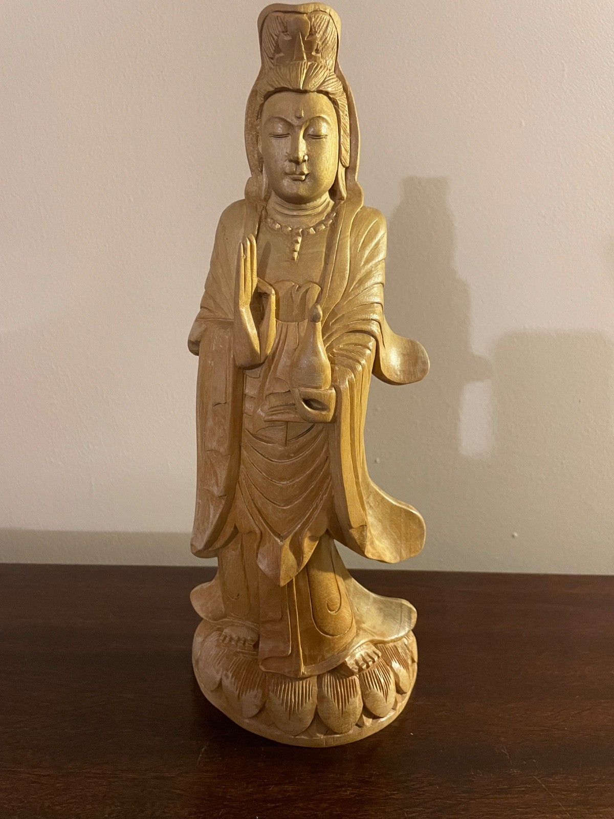 Kuan Yin Goddess of Mercy & Kindness Artisan Carved Camphor Wood Statue 12″