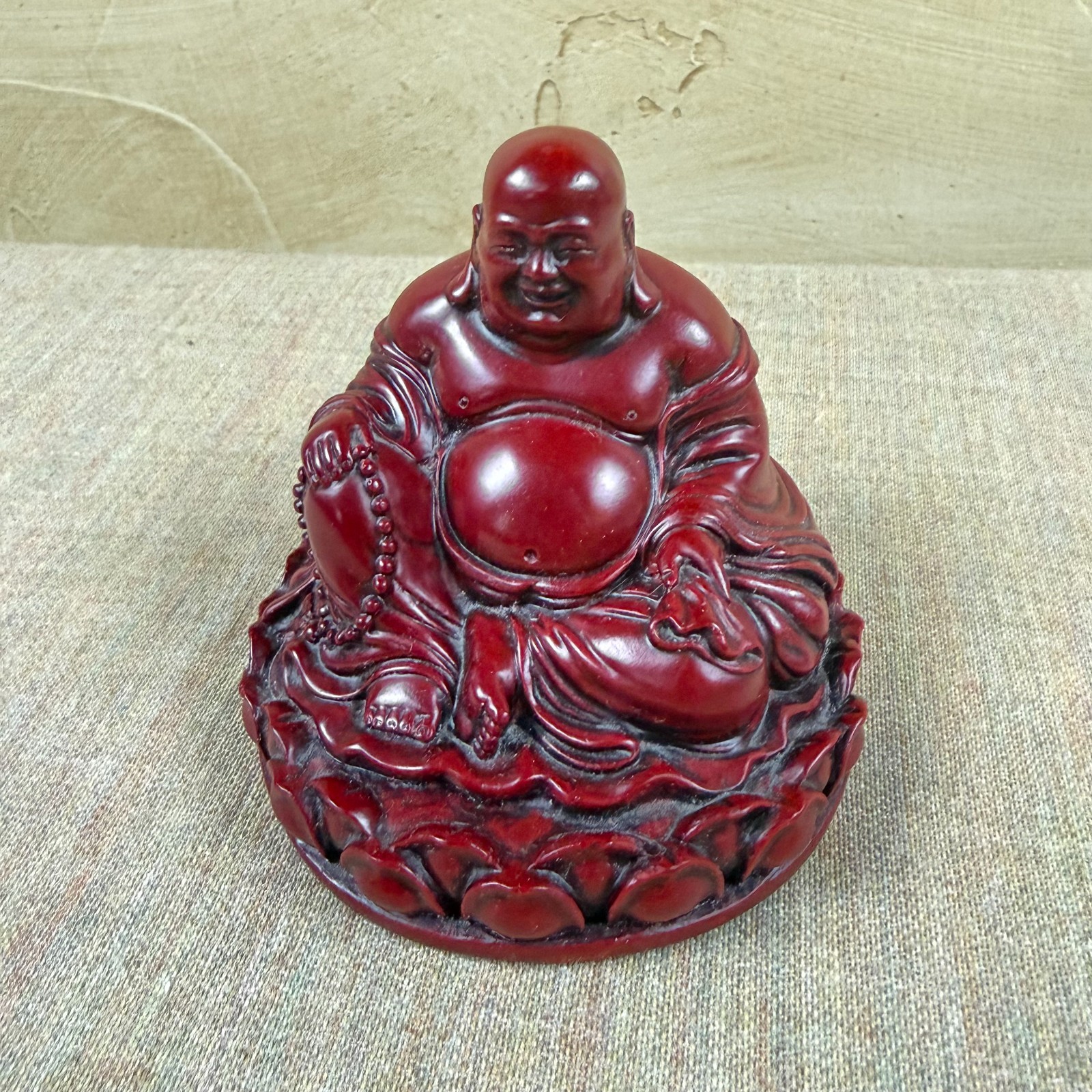 Red Laughing Buddha Statue Faux Cinnabar Resin Figurine Lotus Base 4″ Decor