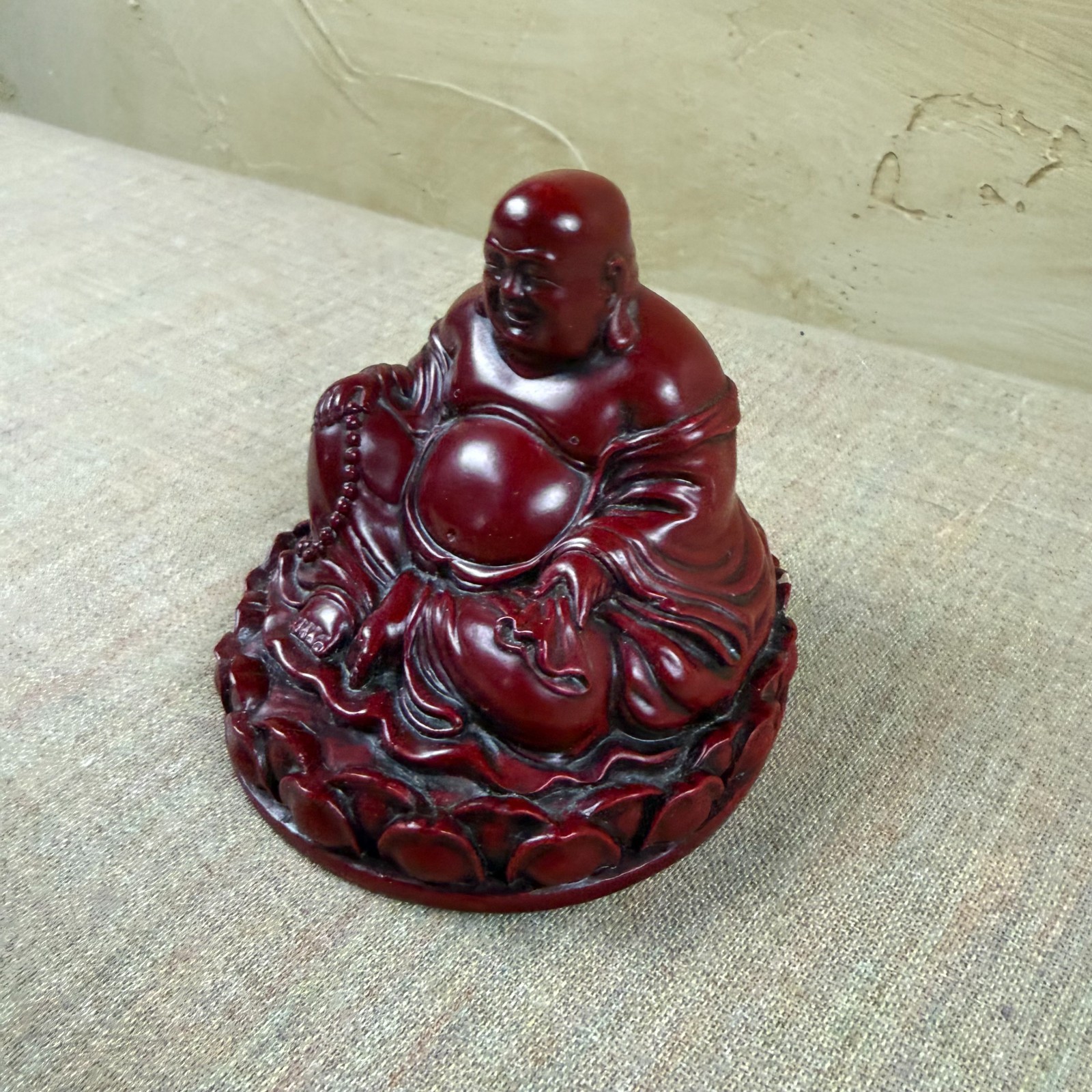 Red Laughing Buddha Statue Faux Cinnabar Resin Figurine Lotus Base 4″ Decor