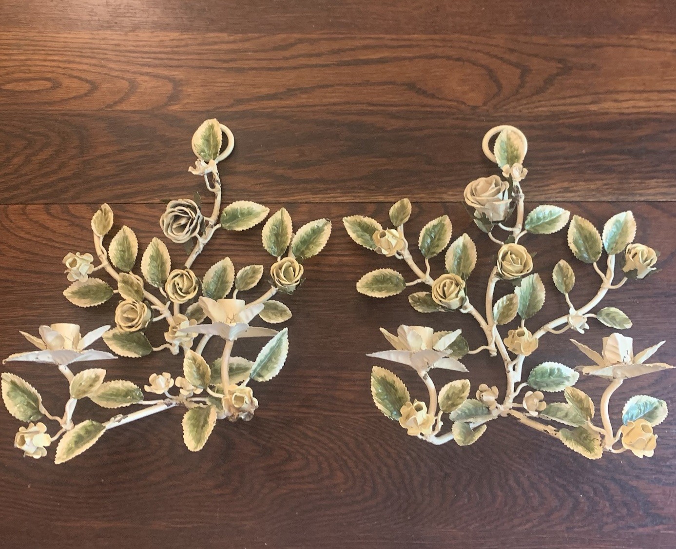 Set of 2 Vintage 1950’s Italian Toleware 2- arm Floral Wall Sconces EUC