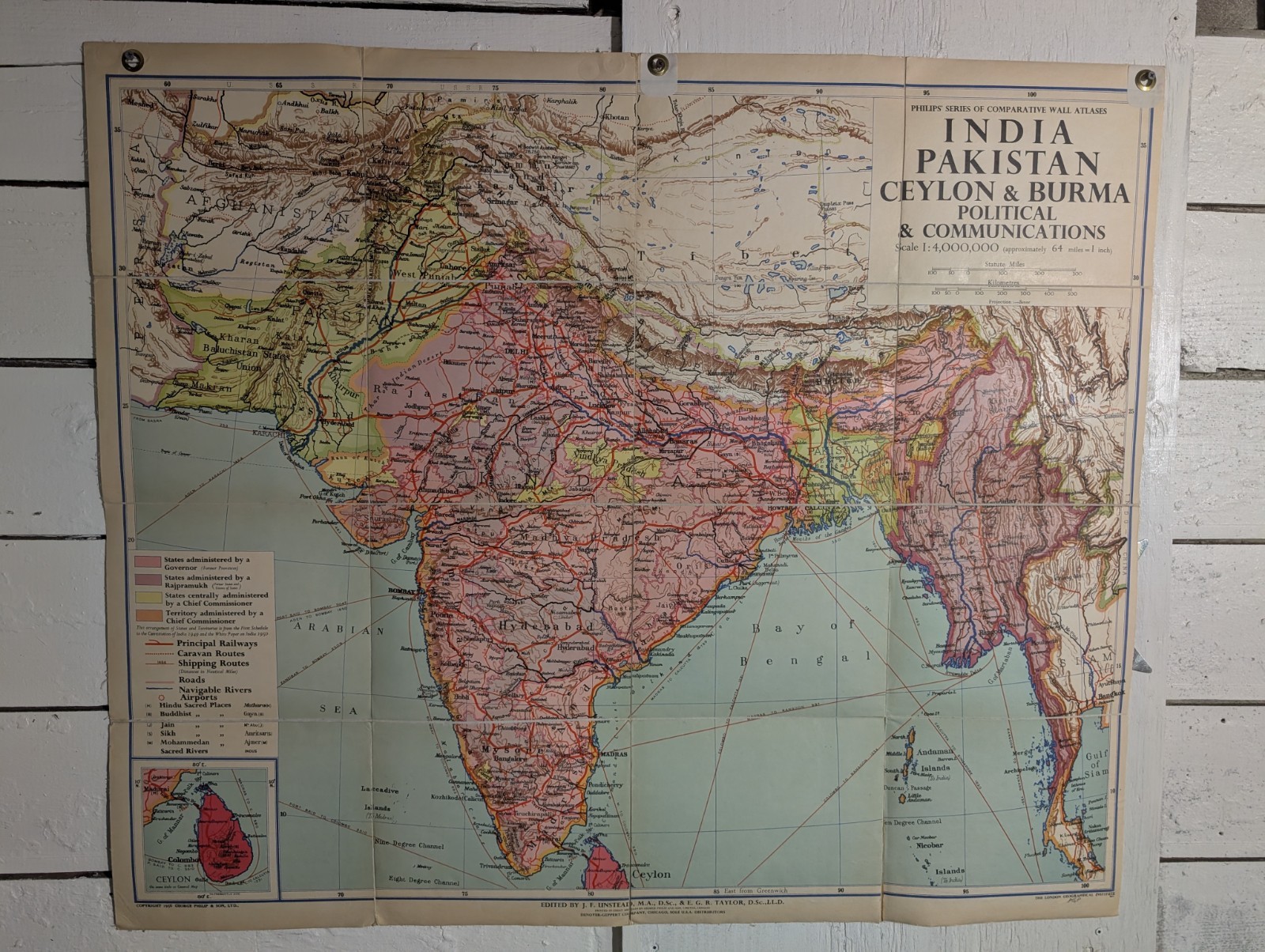 Original 1956 foldable map of India, Pakistan, Ceylon (now Sri Lanka) & Burma
