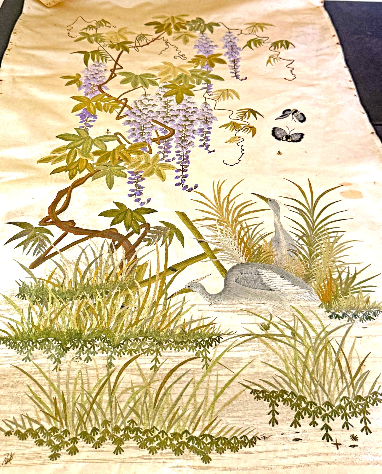 Antique C 1900 Chinese Fine Hand Embroidered Panel w/ Wisteria & Cranes B020