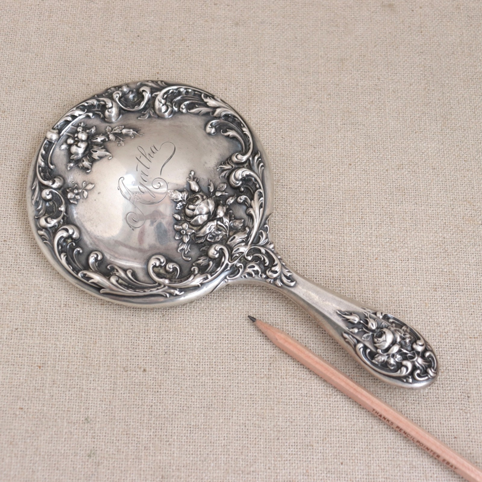 Antique Sterling Silver Hand Mirror Agatha Fruit Flower Repousse Foster & Bailey