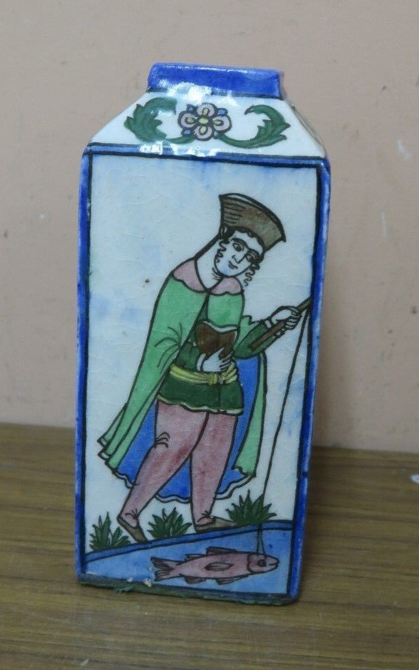 ANTIQUE IZNIK ISLAMIC GLAZED ARMENIAN POTTERY VASE BOTTLE PICTORIAL 9.5″
