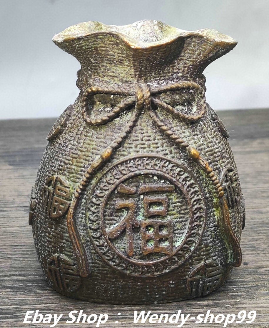 3″ Antique Old Chinese Dynasty Bronze Feng Shui Wealth Money Coin Bag Purse