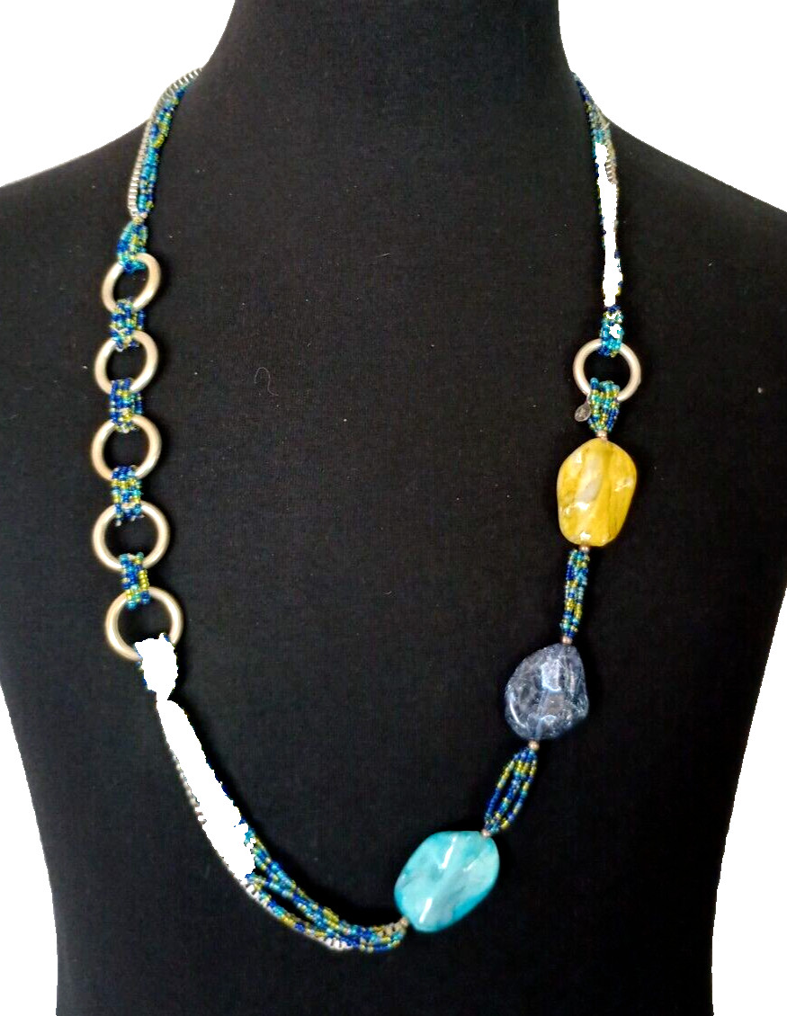 Vintage Jonette Boho Statement Necklace Multicolor Acrylic Beads & Silvetone