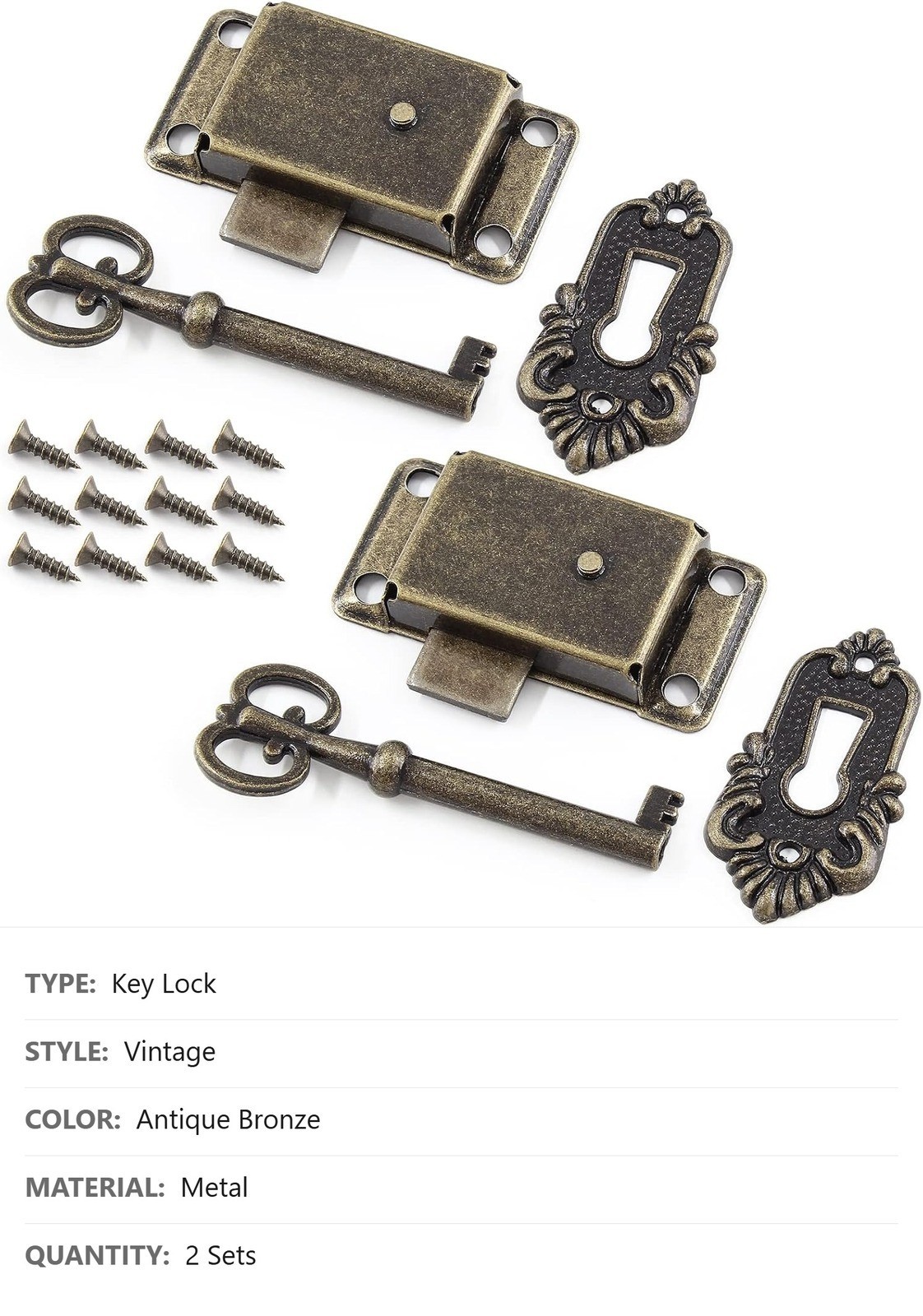 Skeleton Key Lock, 2 Sets, Antique Bronze, 53 x 26 mm, Screws Key