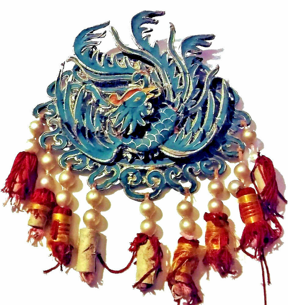 Antique Chinese Kingfisher Blue Silk Qing Opera Theater Phoenix Medallion BIG