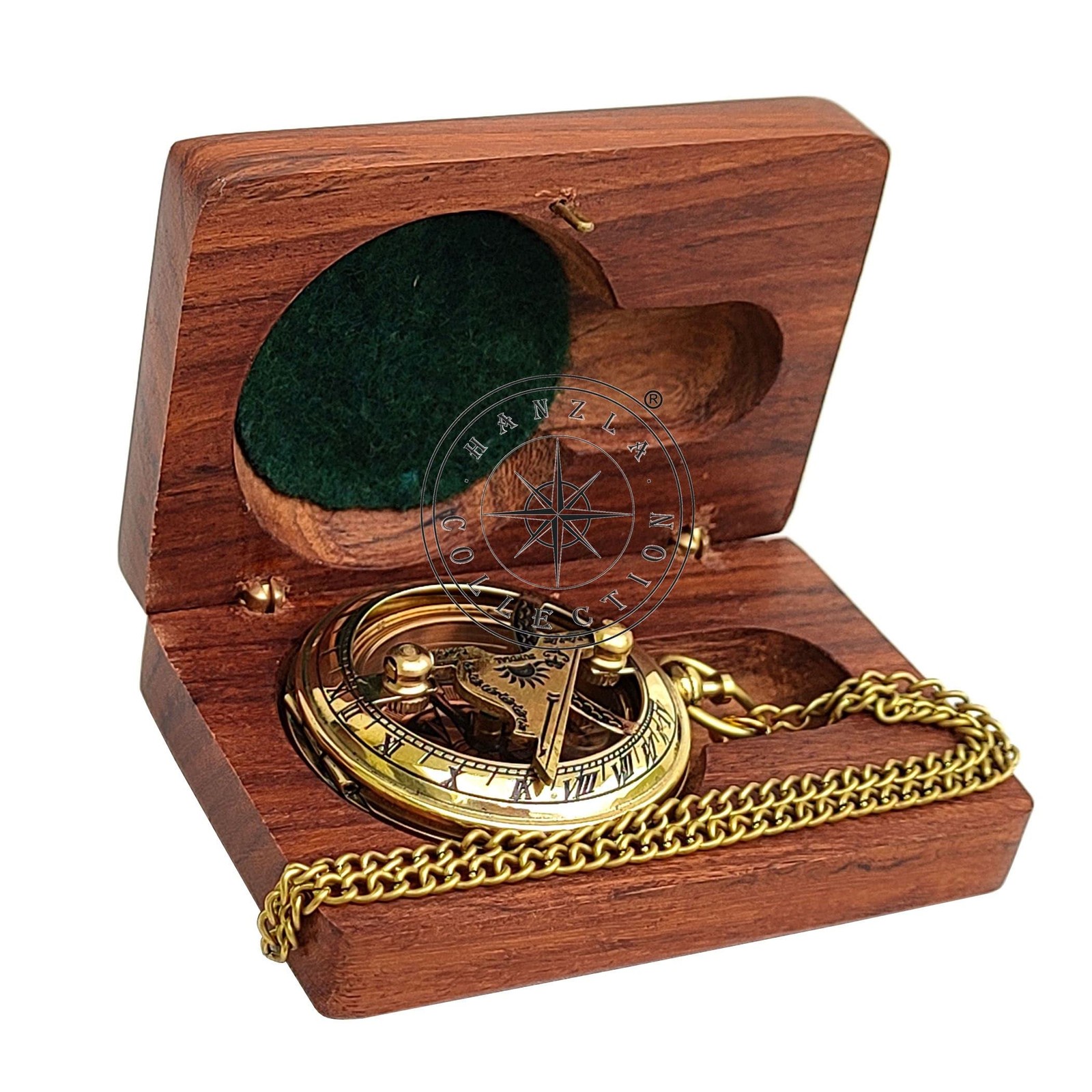 Handmade Push Button Direction Sundial Clock with Chain & Wooden Box – Brass …