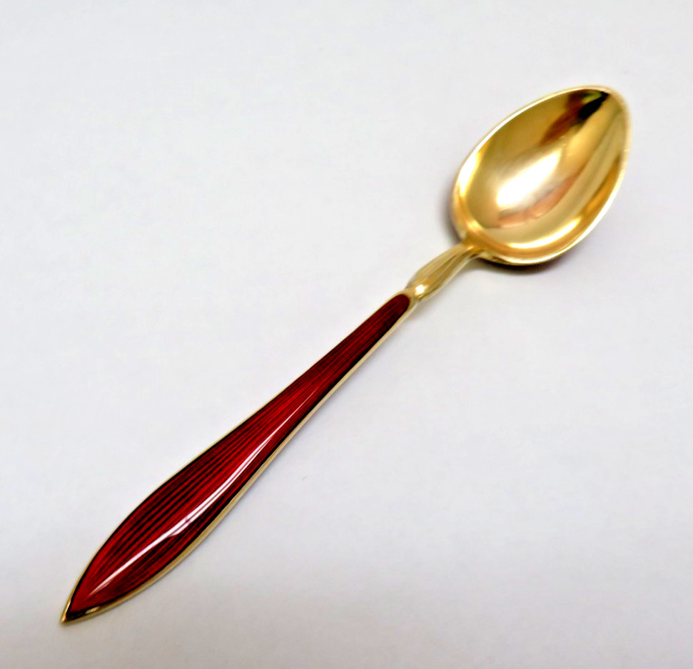 Antique D Andersen Norway STERLING SILVER / GOLD w/ Red Enamel Demitasse Spoon