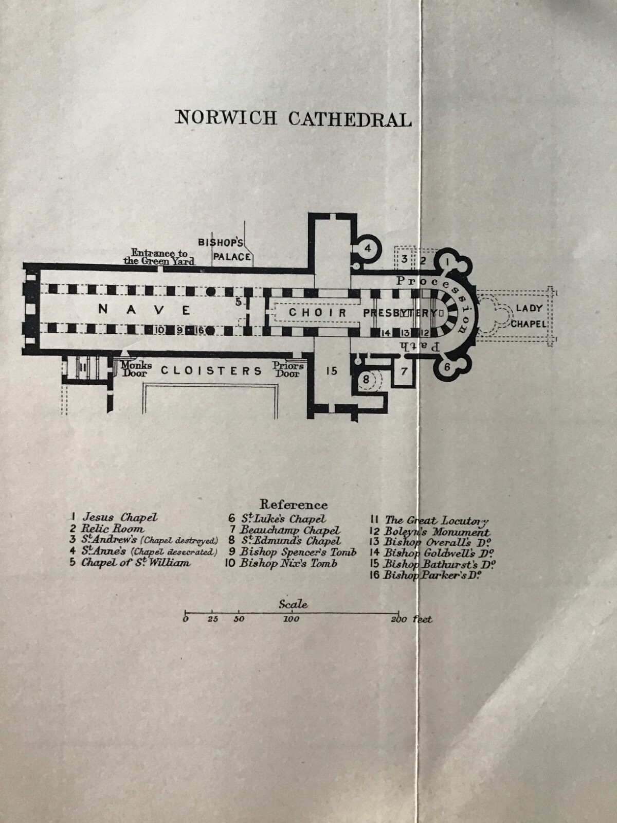 NORWICH CATHEDRAL 1899 Antique Floor Plan, Original England Norfolk Religion