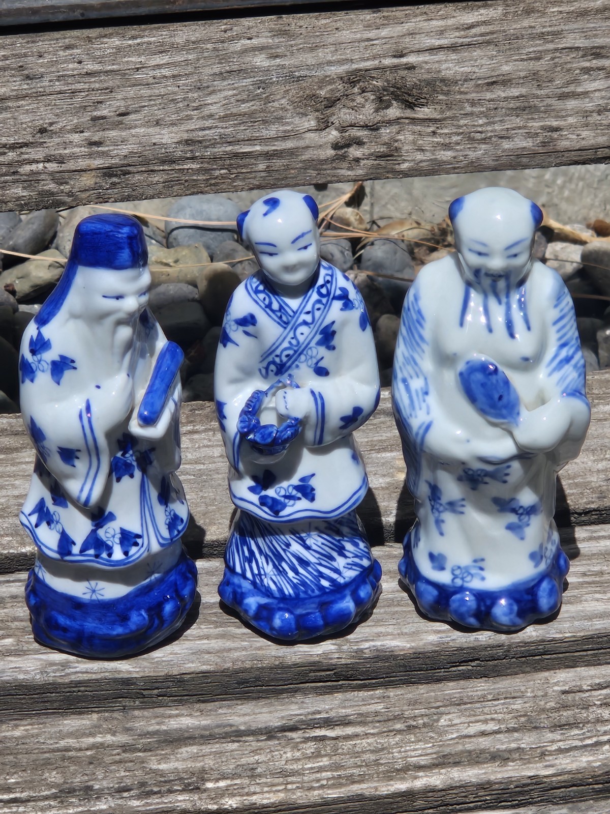 Lot Of 3 VINTAGE ORIENTAL CHINESE Figure Figurine BLUE & WHITE PORCELAIN 6”