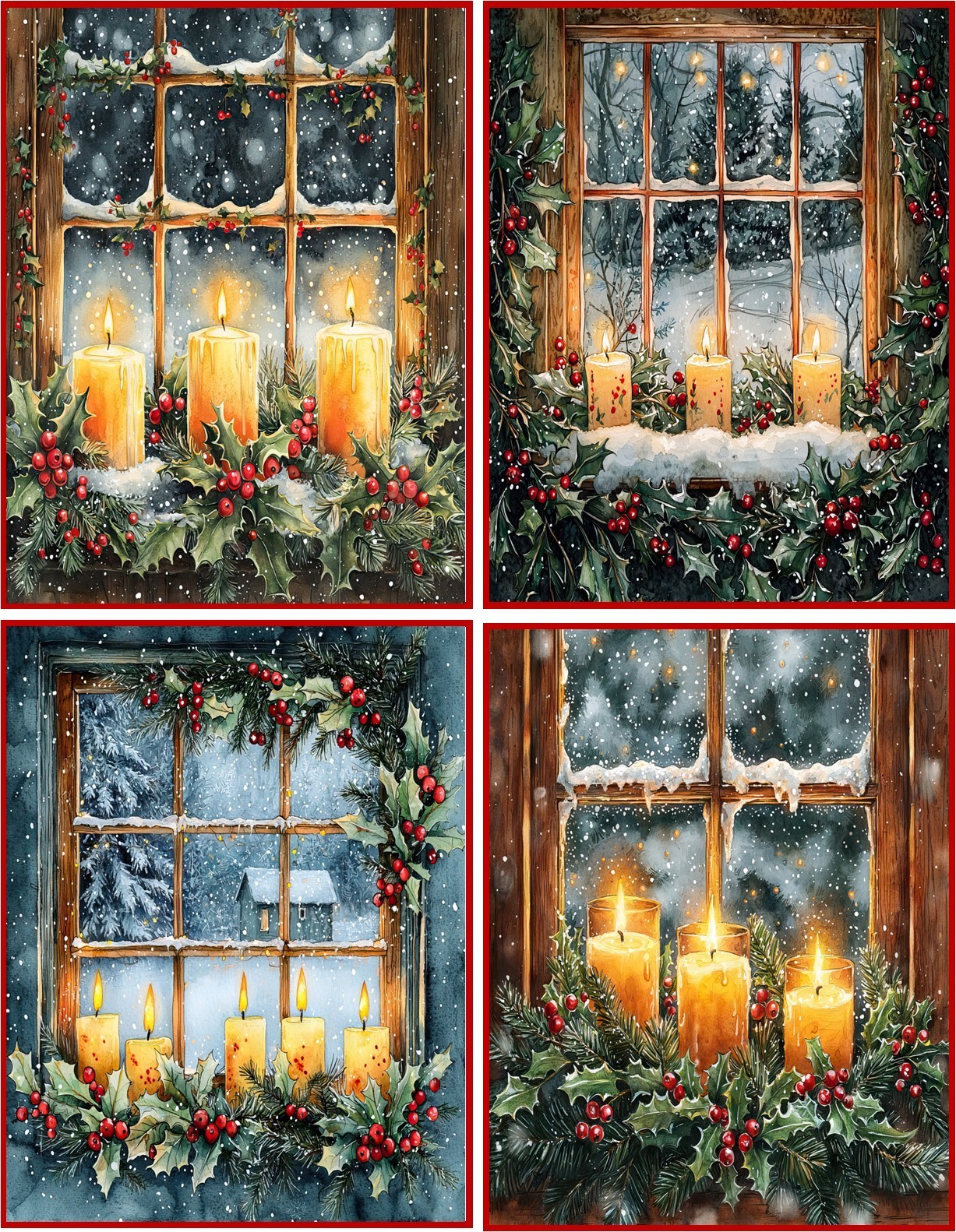 8 Christmas Window with Candles Holly Glossy blank Christmas Card red envelopes