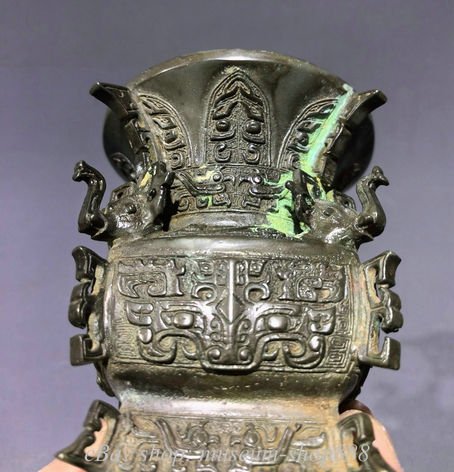 4.2″ Old Chinese Bronze Ware Dynasty Wine vessel Elephant Ear Zun Cup Statue