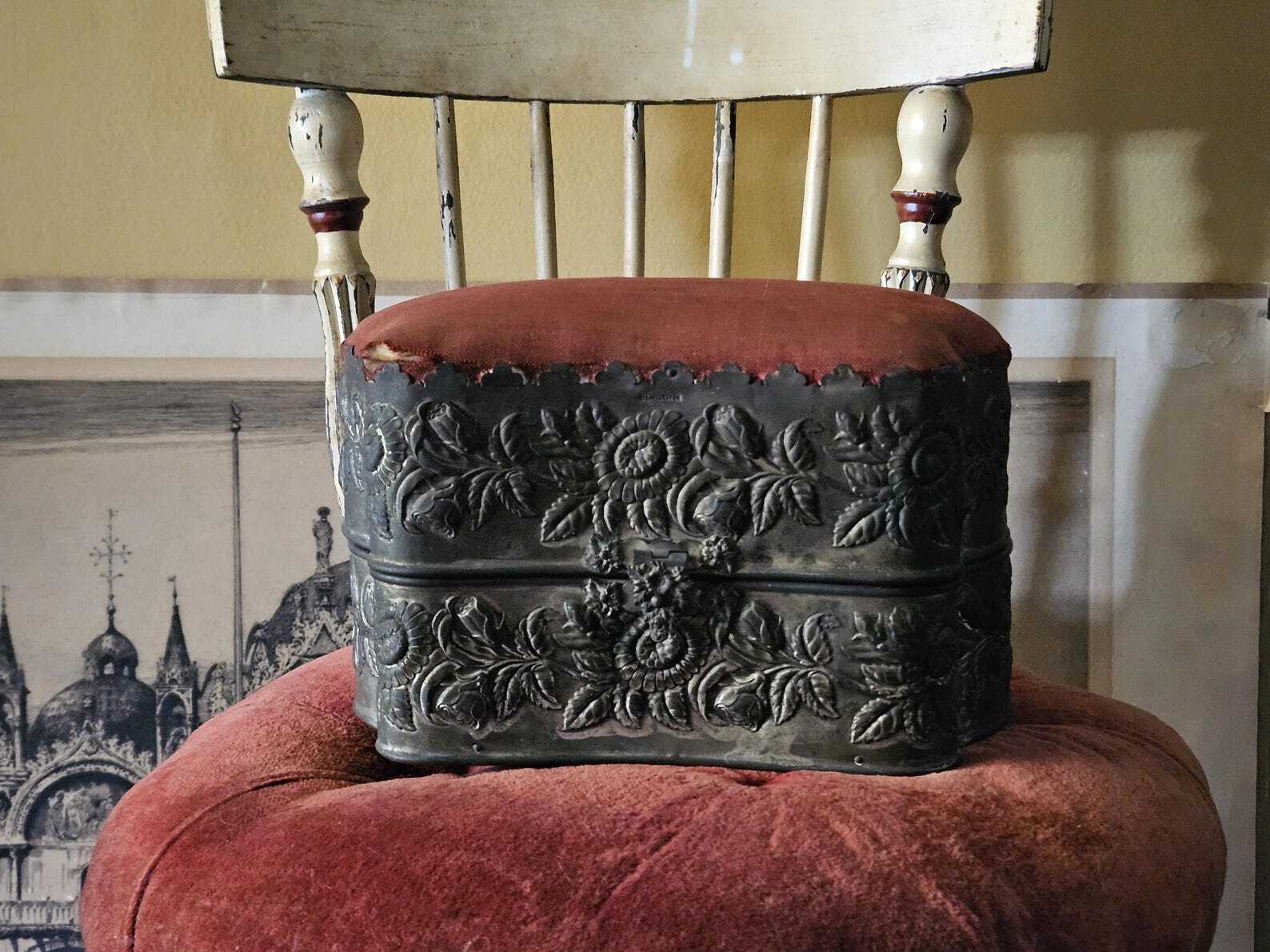Antique Silver Collar Box with Repousse Flowers and Red Fabric, Victorian Silver
