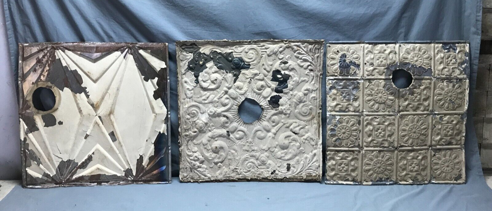 Antique Decorative Set 3 Tin Ceiling Panels 2′ x 2′ Shabby VTG 24″ SQ 1829-24B