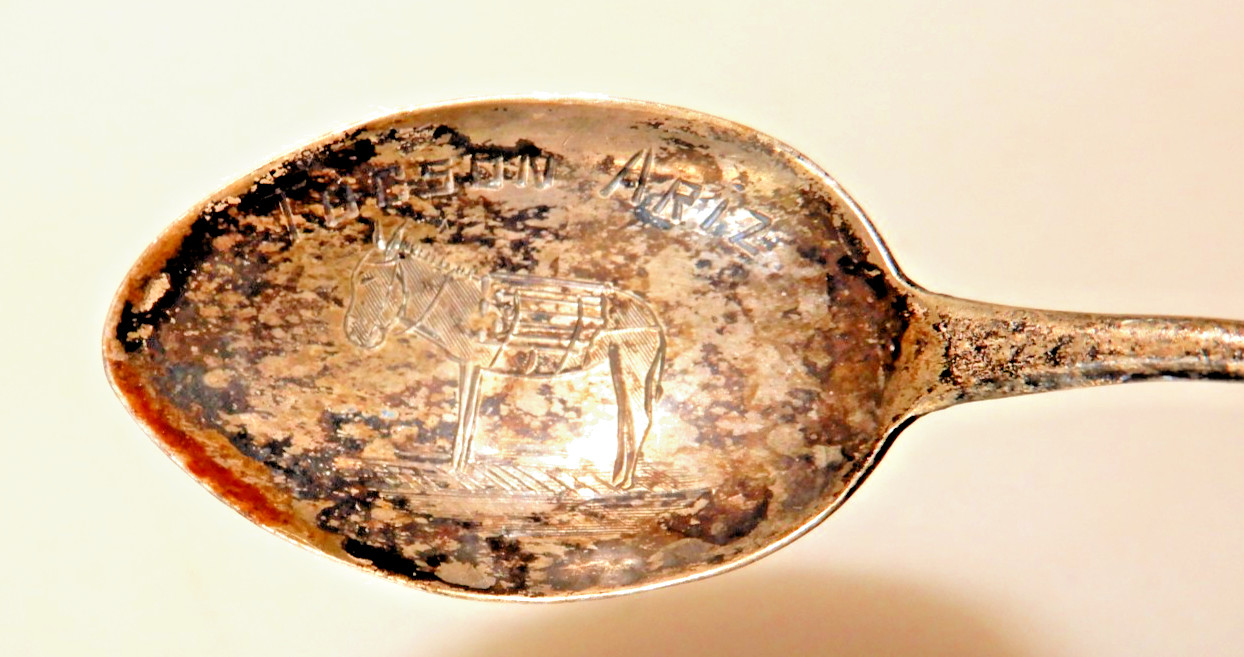 Antique Sterling Souvenir Spoon Tucson AZ Burro etched in bowl 3 ½” c.1920