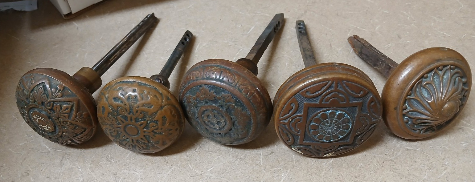 5 Antique Victorian Single Brass Door knobs