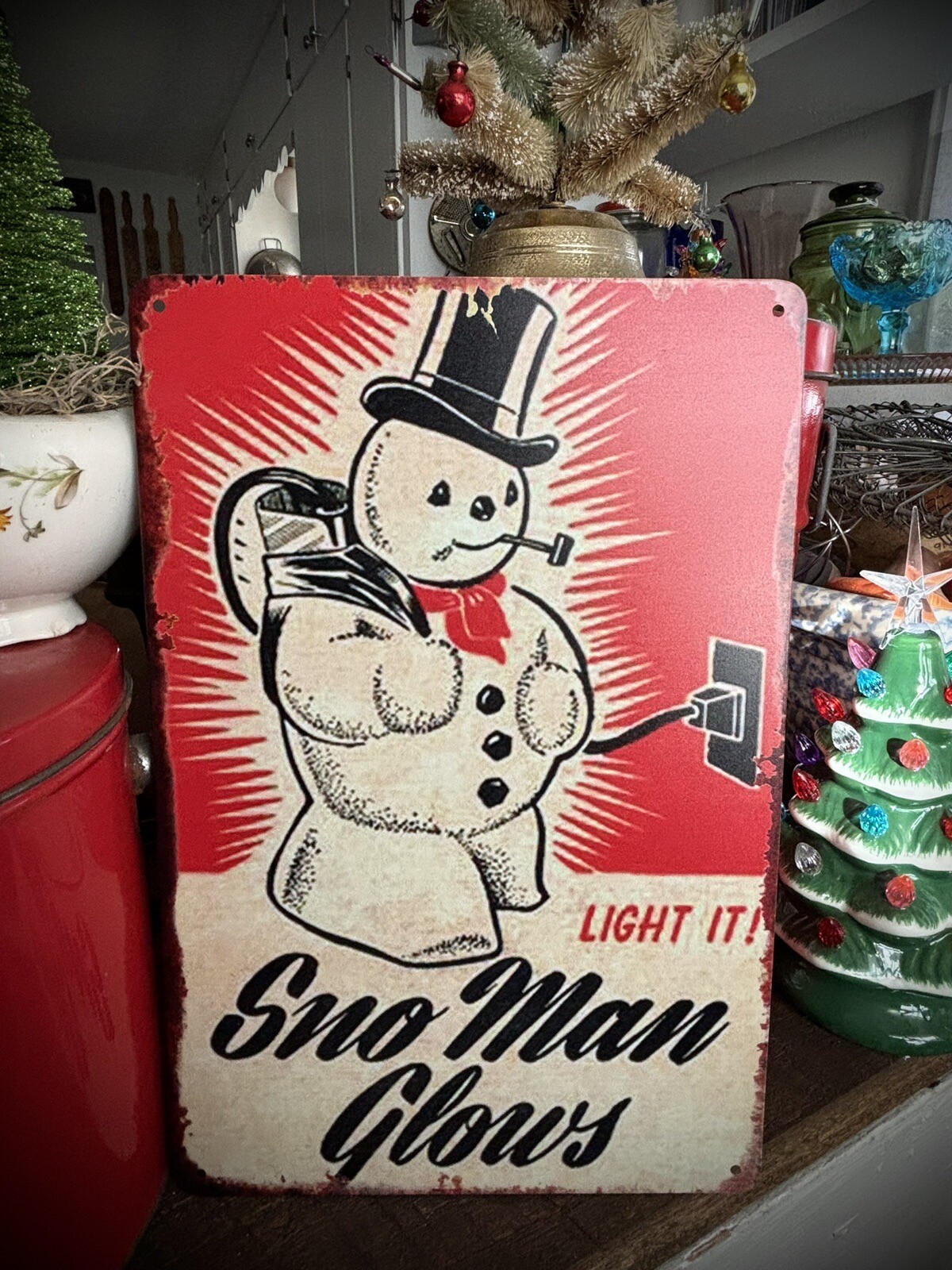 Snow Man Glows Sno Vintage retro style Advertising Metal Sign 12”X 8” Christmas