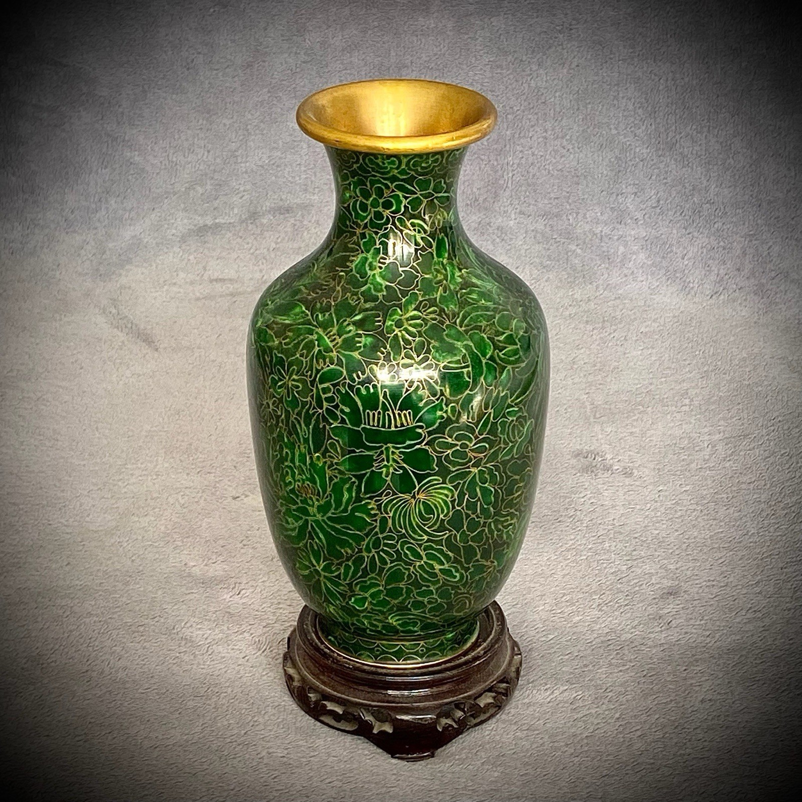 Chinese Cloisonne Green Floral Vase Gilt Bronze Mounts Wood Stand