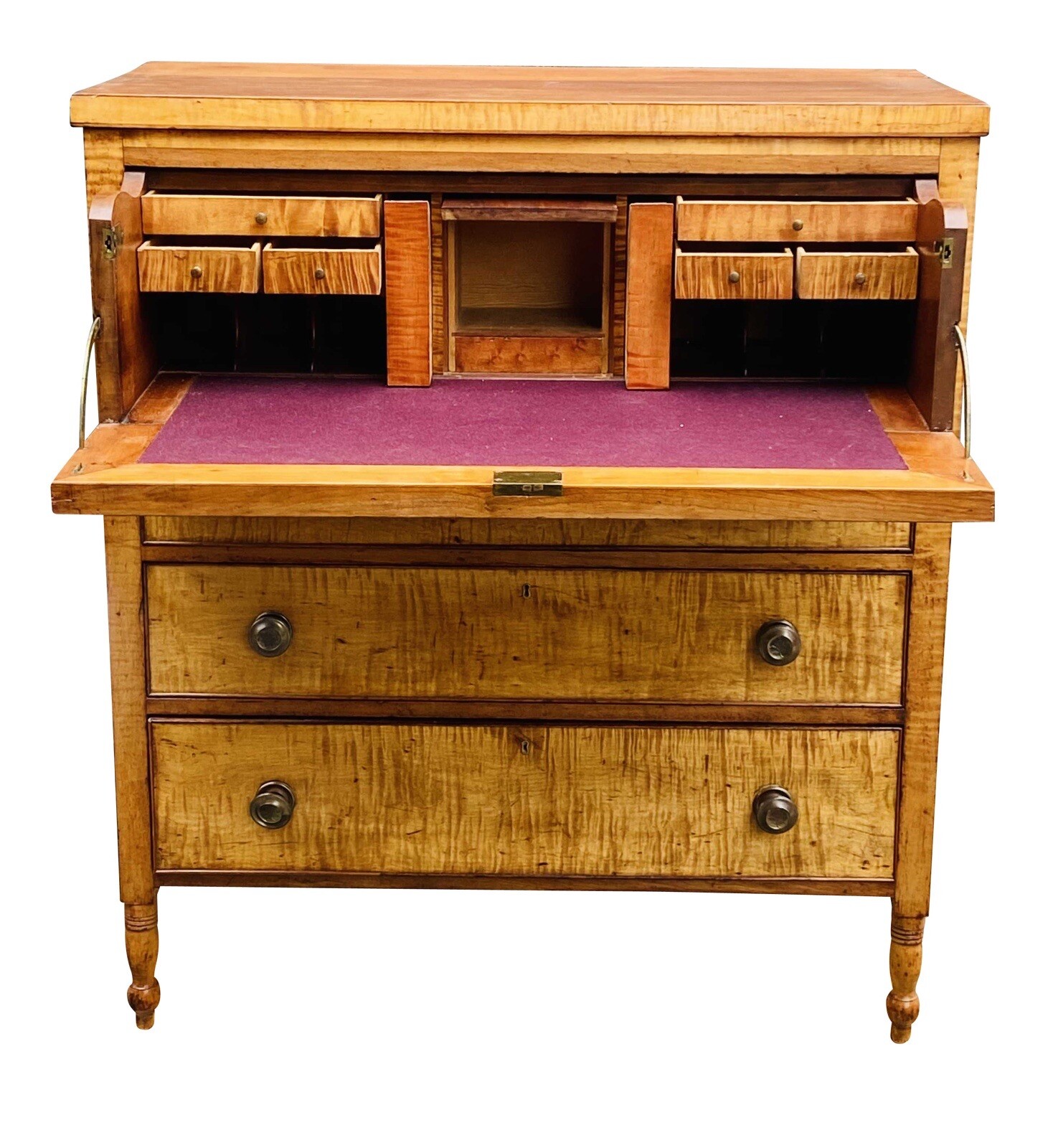 19TH C ANTIQUE PENNSYLVANIA SHERATON TIGER MAPLE & WALNUT BUTLERS DESK