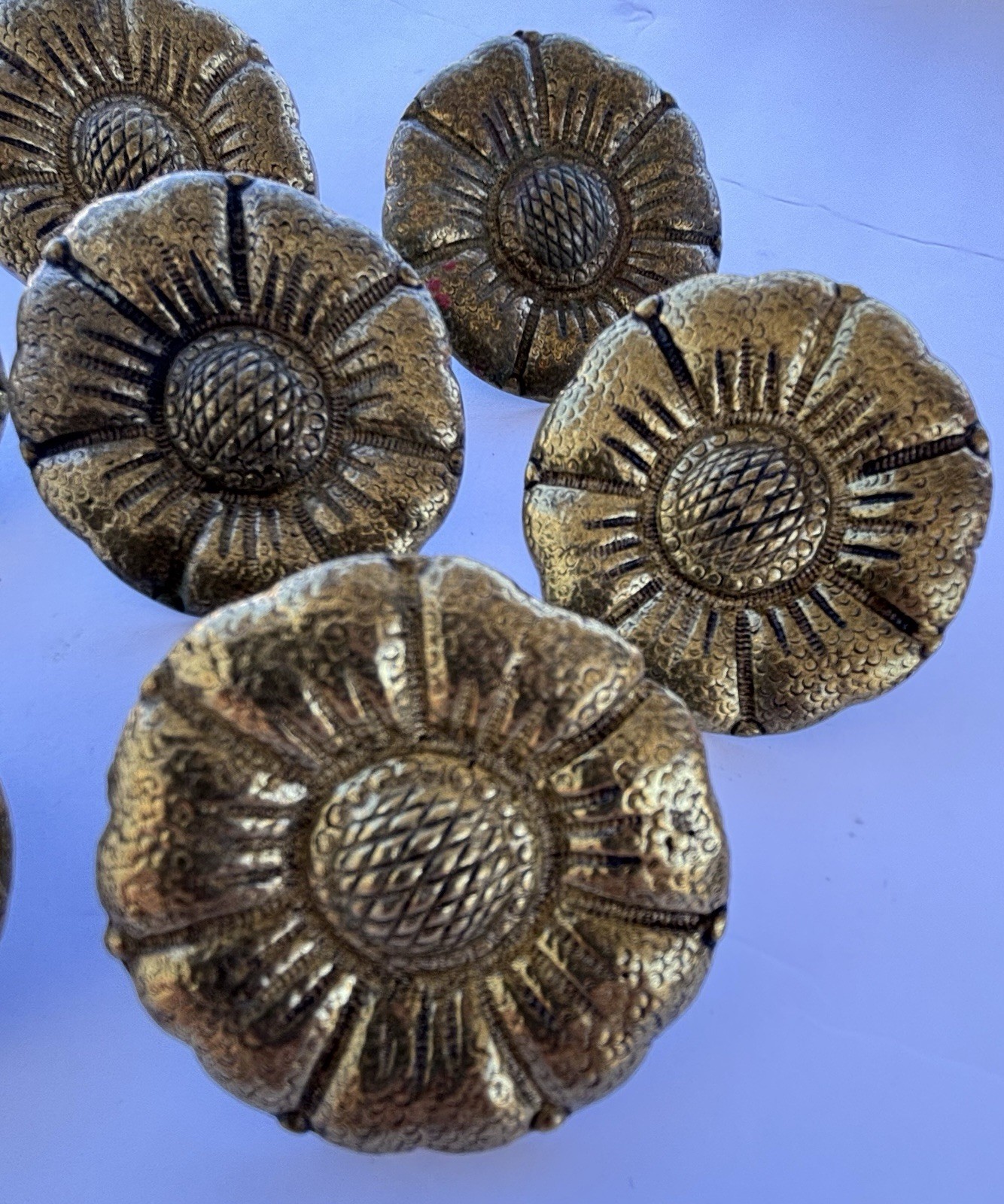 Vintage Solid Brass Flower Drawer Pulls Set Of 7 Made in Portugal Large 2-1/4”