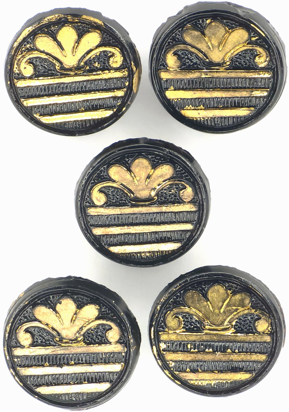 C1900-15 Antique Black Glass Gold Luster Palmette Fleur de Lis Button Set LOT 5