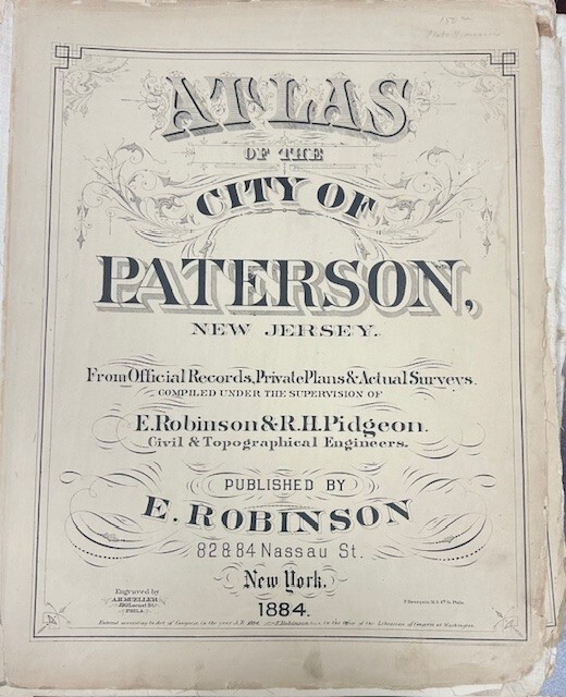 1884 PATERSON NEW JERSEY, TITLE PAGE E. ROBINSON ATLAS MAP