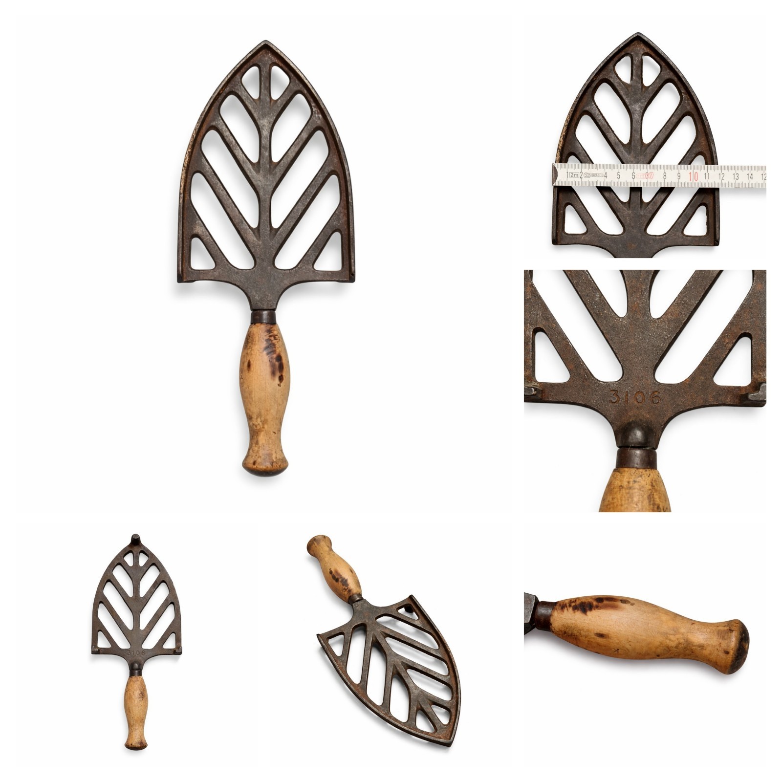 Antique 3106 Cast Iron Flat Iron Stand Rest Trivet Leaf Design Wood Handle