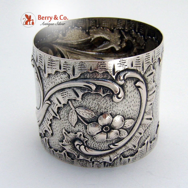 Repousse Floral Scroll Napkin Ring Coin Silver 1875 Monogram JO