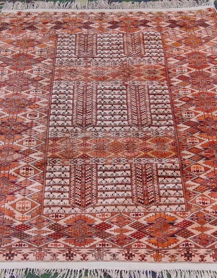 Vintage Turkmen Ensi Yomud Silk Foundation Handmade Wool Tribal Rug 4’6″ x 6′